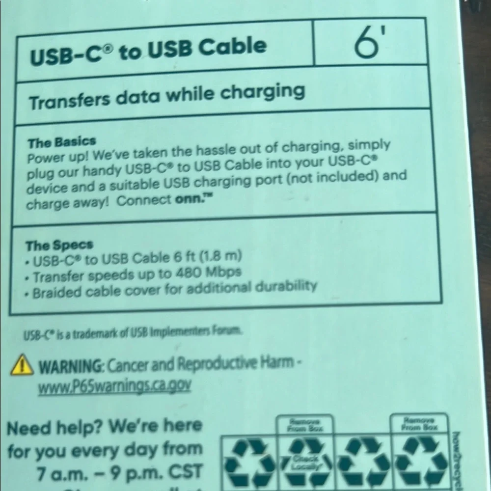 Onn NWT USB-C to USB 6' charging cable